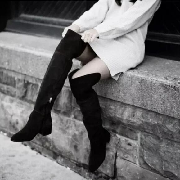 COACH Lucia Split Over The Knee High Boots Suede Tall Block Heeled, Black - Picture 1 of 15